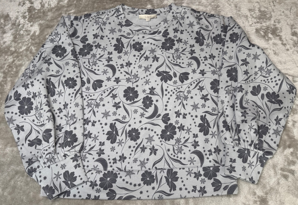 Loft Gray Blue Snowflake Bloom Puff Sleeve Sweatshirt Womens L NWT